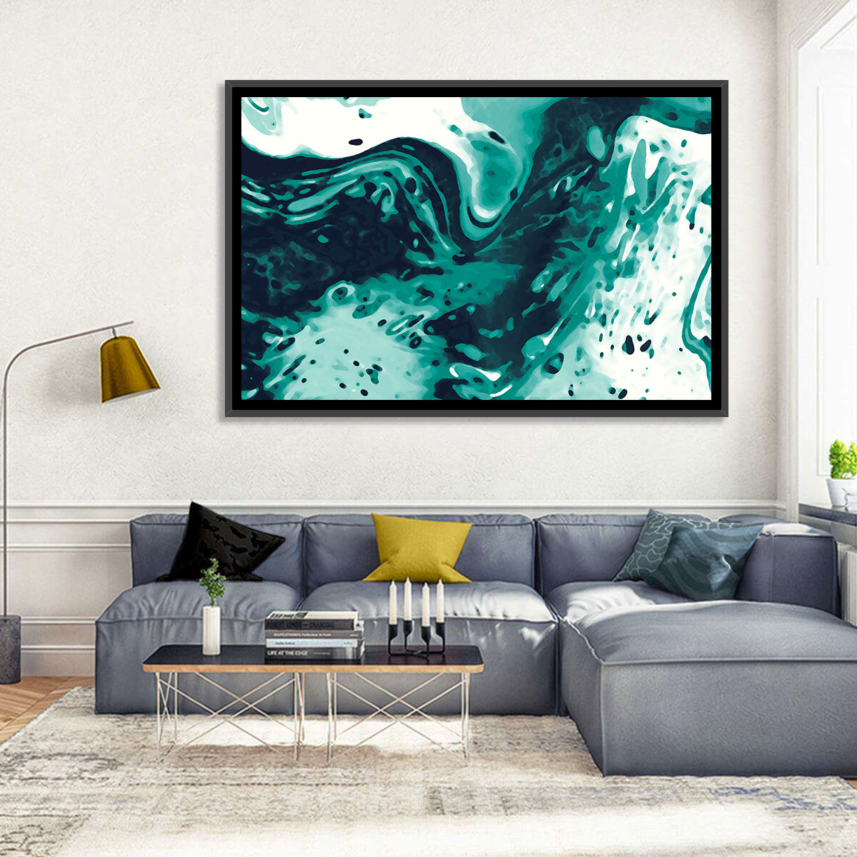 Teal Wave Abstract Wall Art in a room, landscape