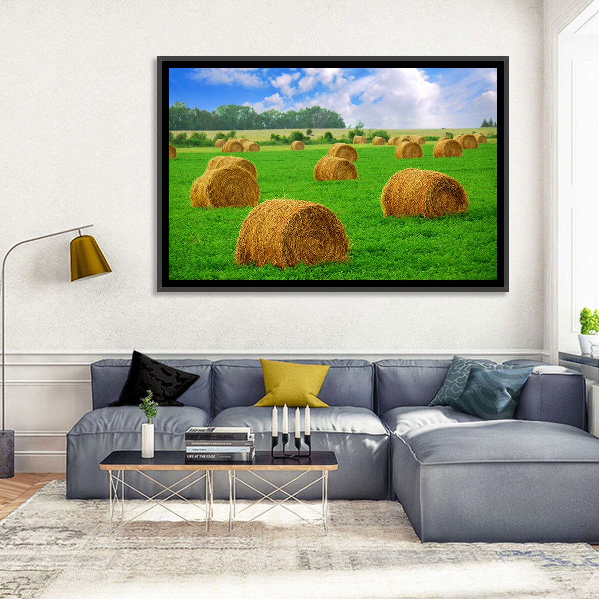 Golden Hay Bales in Green Field Wall Art