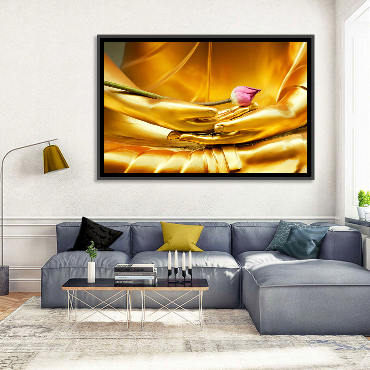Buddha Hands with Lotus Wall Art in a room, landscape