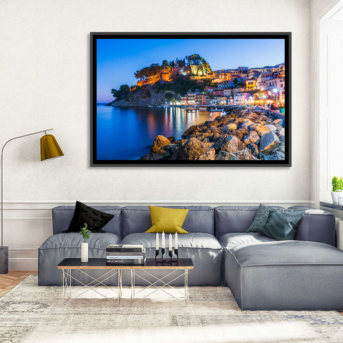 Parga Harbor at Dusk Wall Art in a room, landscape