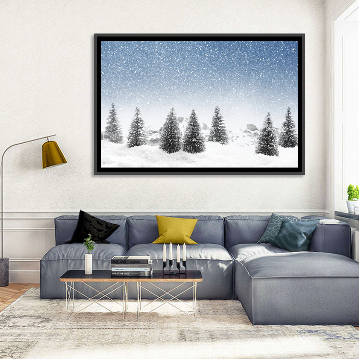 Winter Pine Trees Landscape Wall Art in a room, landscape
