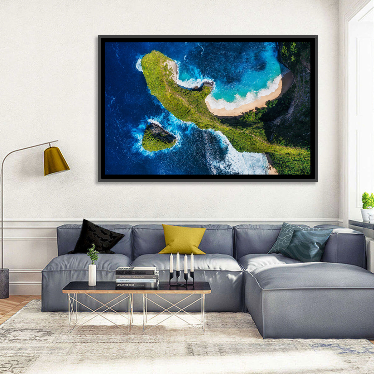 Kelingking Beach Cliffs Wall Art in a room, landscape