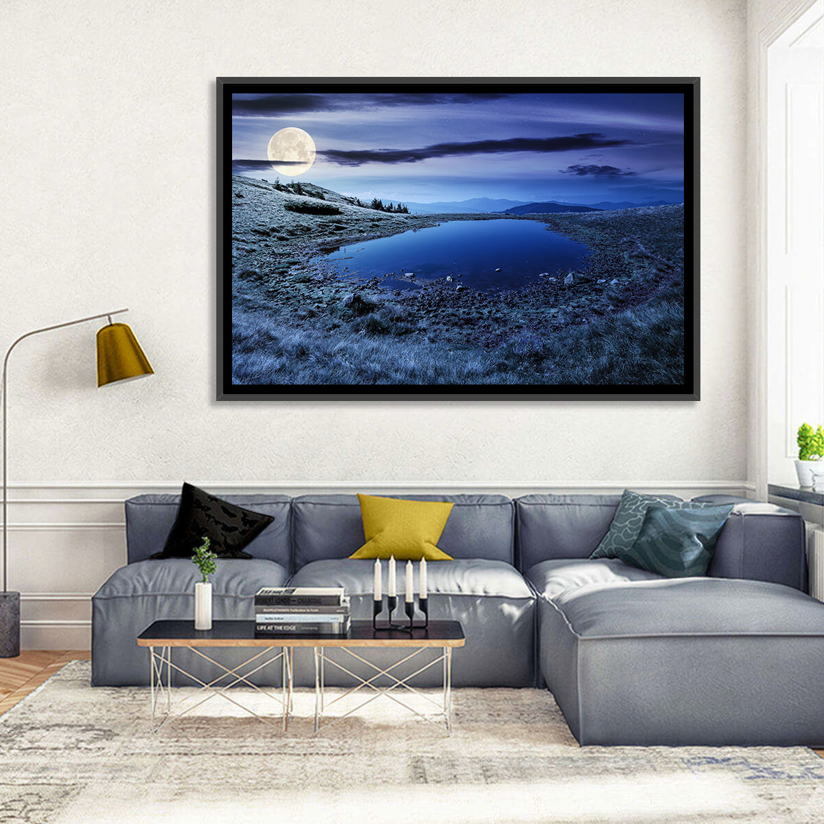 Mountain Lake at Night Wall Art in a room, landscape