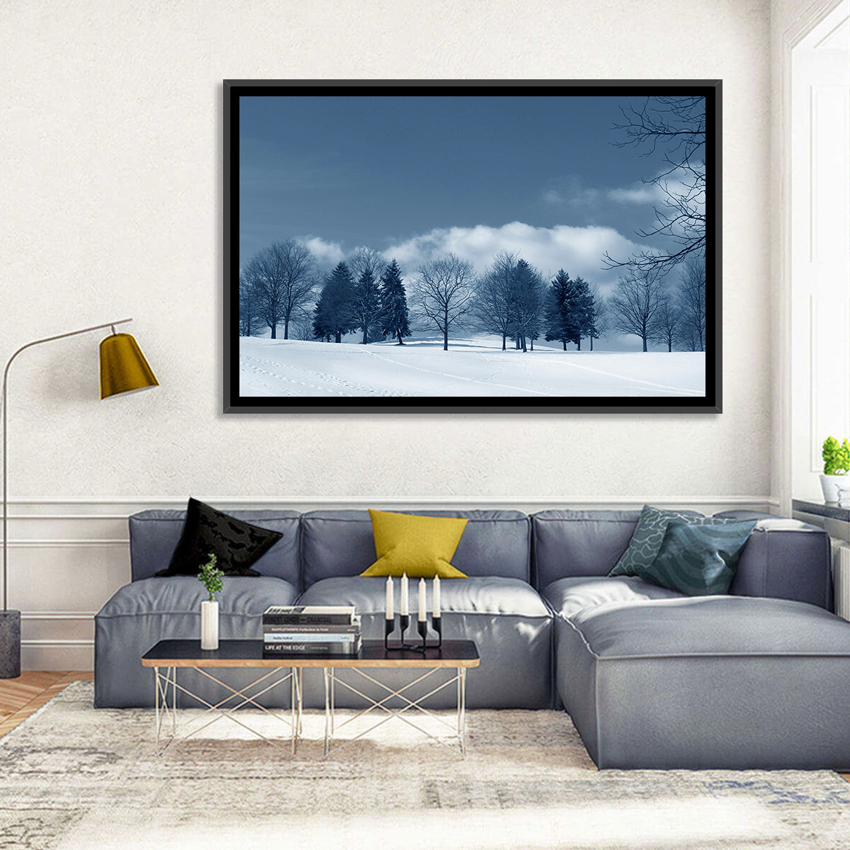 Snowy Field with Tracks Wall Art in a room, landscape