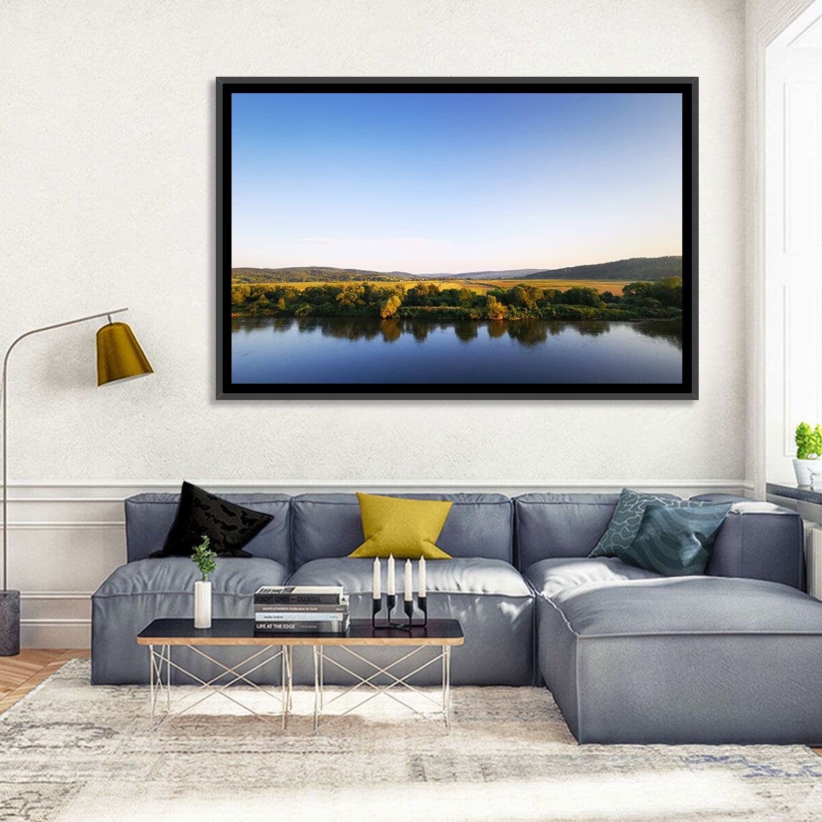 Peaceful River Sunset Wall Art in a room, landscape