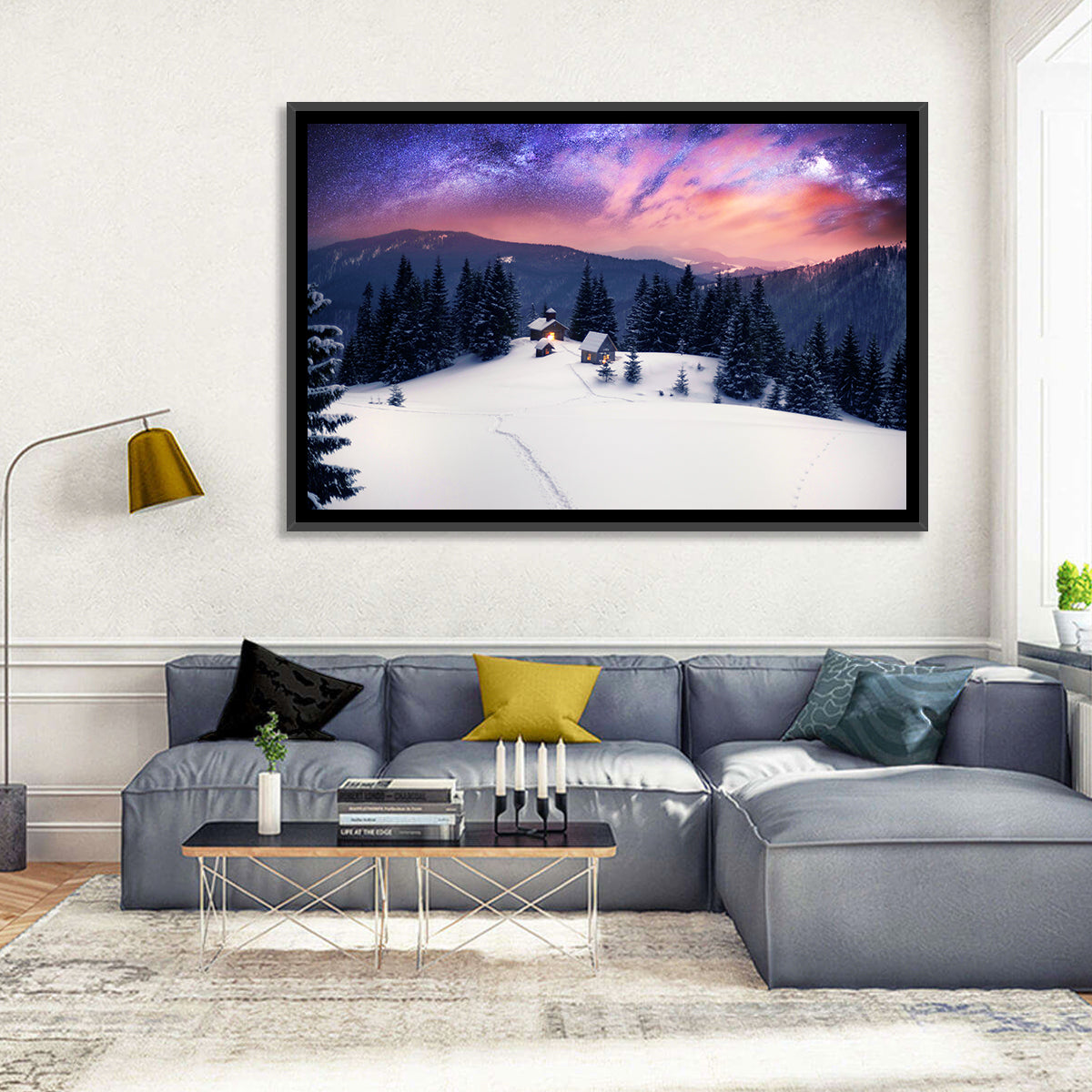Starry Winter Cabins Under the Milky Way Wall Art