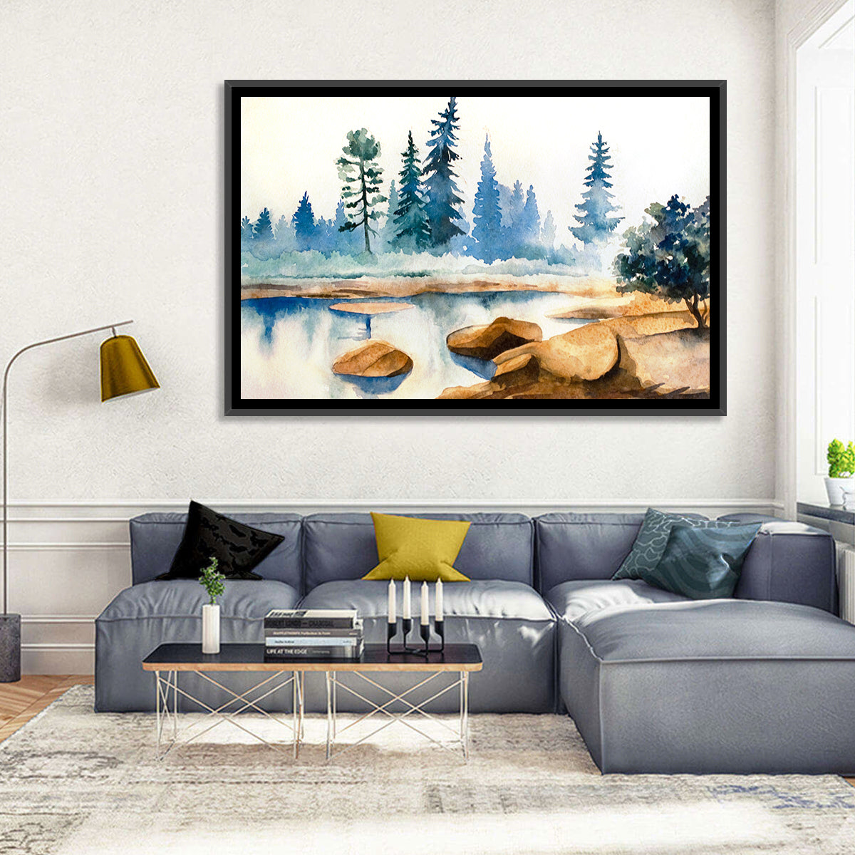 Misty Pine Stream Wall Art in a room, landscape