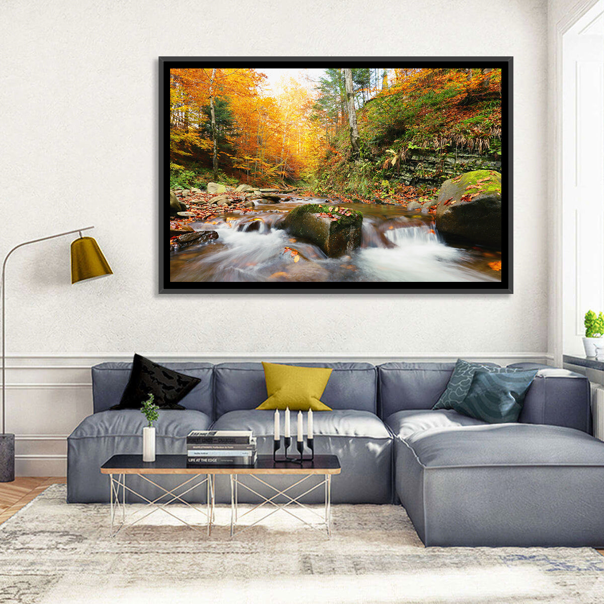 Forest Stream in Autumn Wall Art in a room, landscape