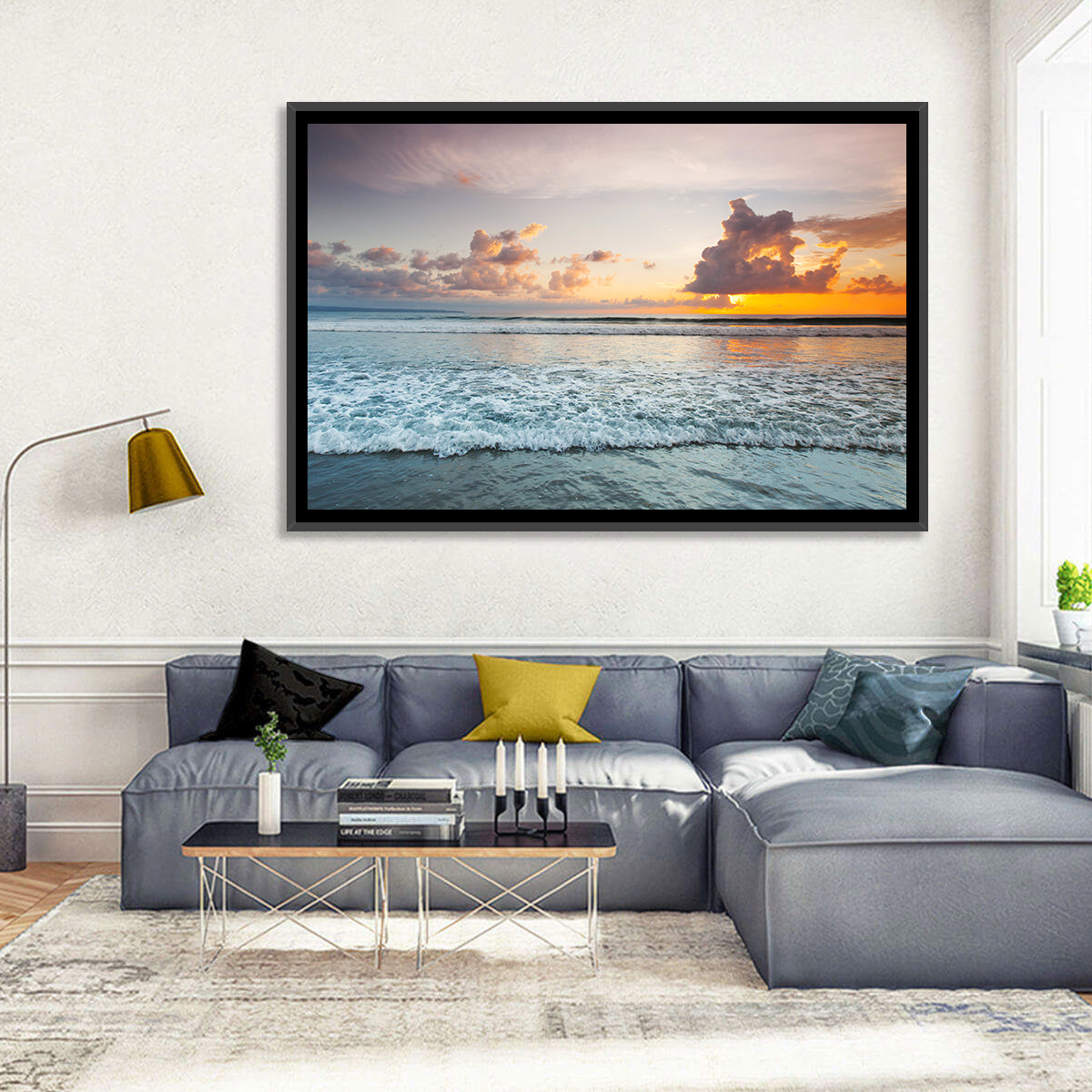 Golden Hour Beach Sunset Surf Wall Art in a room, landscape