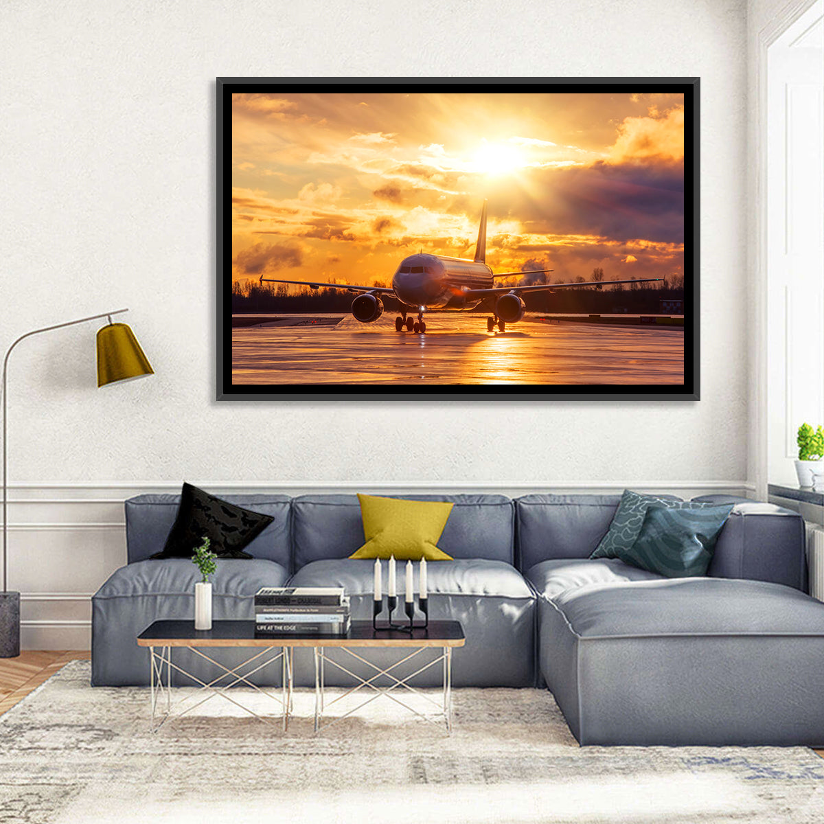 Golden Hour Airliner on Wet Runway Wall Art in a room, landscape
