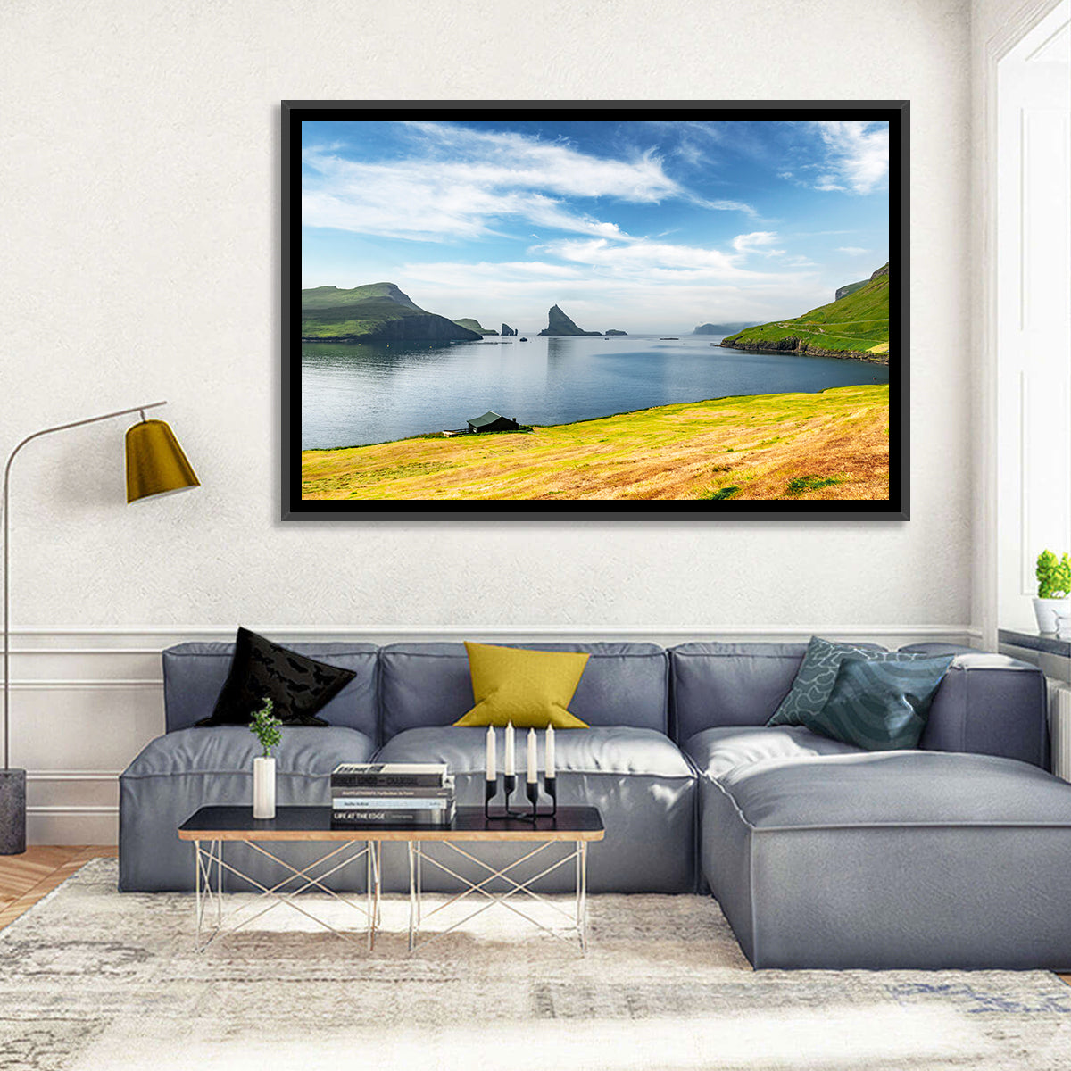 Tindhólmur and Drangarnir Coastal Bay Wall Art in a room, landscape