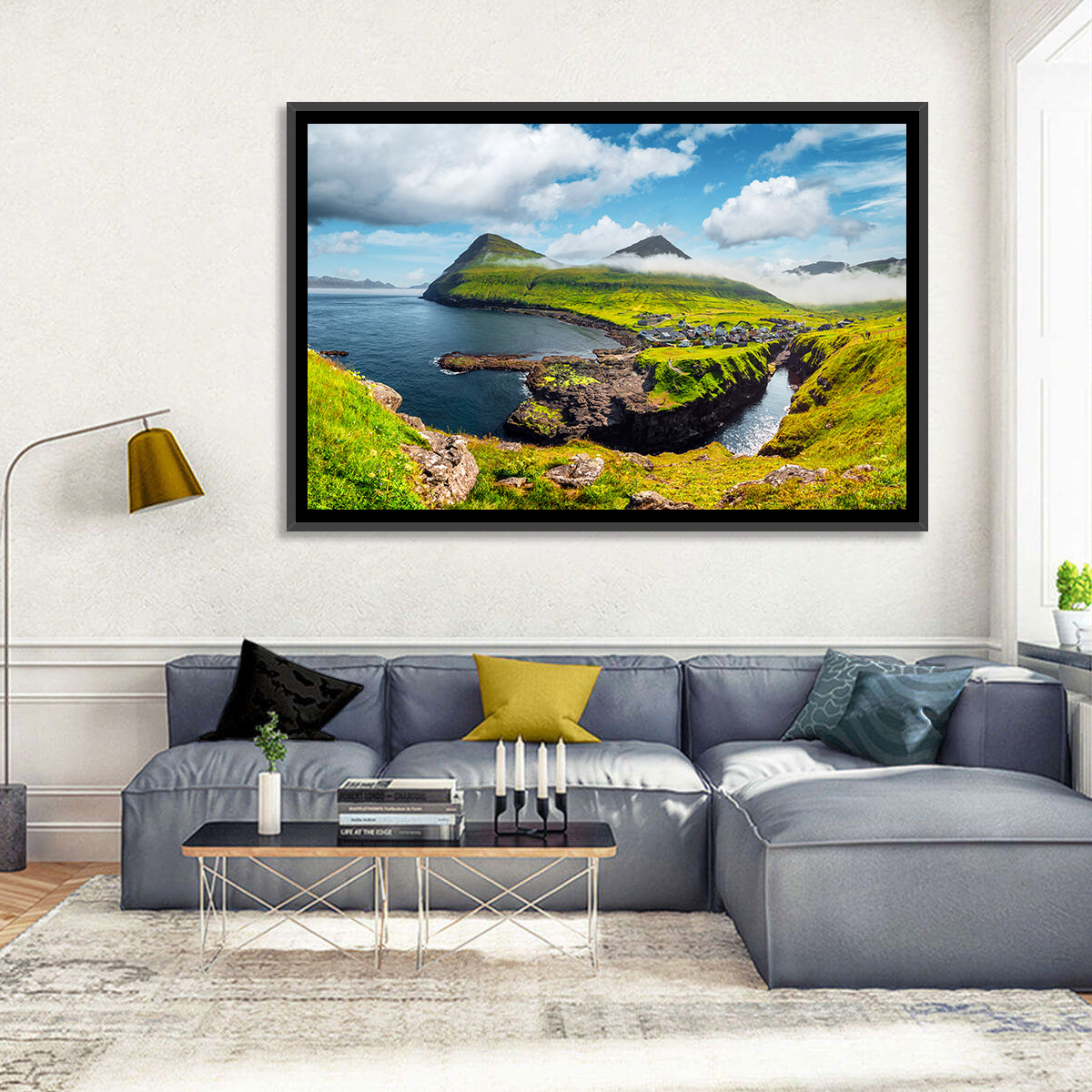 Gjógv Harbor Coastal Village Wall Art in a room, landscape
