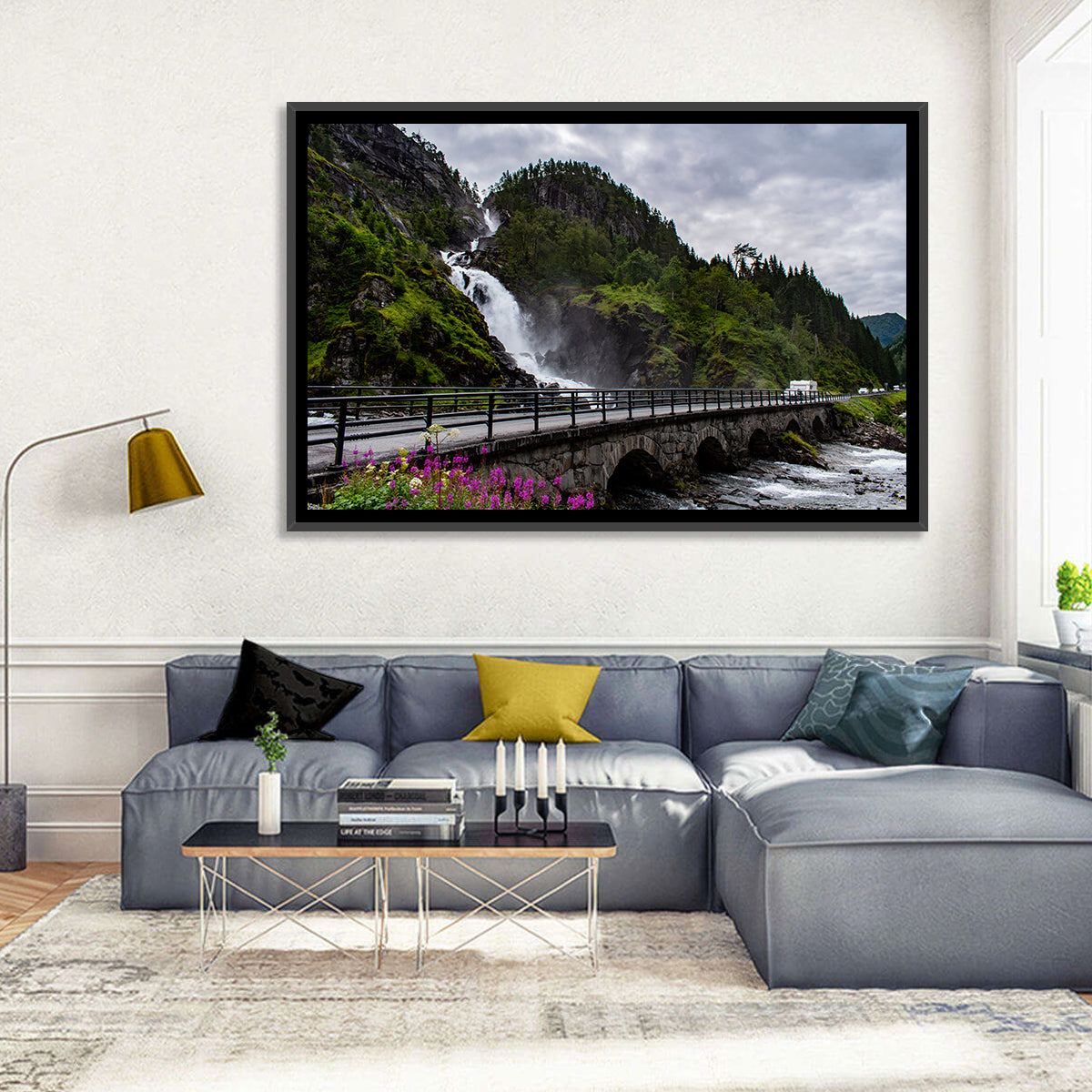 Låtefossen Stone Bridge and Waterfall Wall Art in a room, landscape