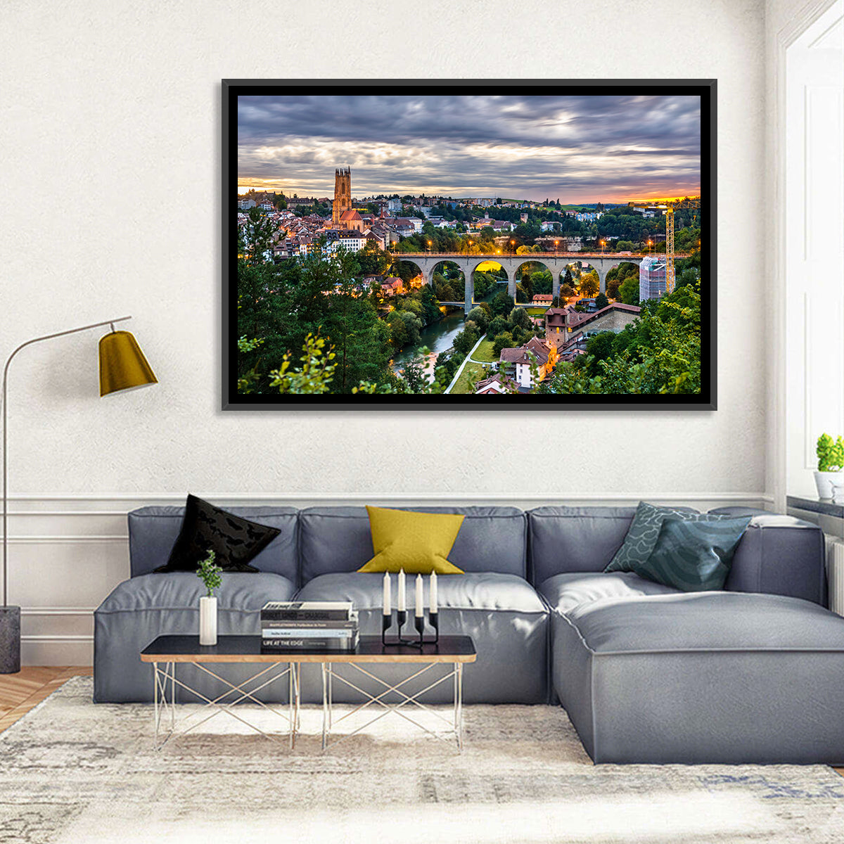 Zähringen Bridge at Twilight, Fribourg Wall Art in a room, landscape