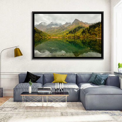 Kardyvach Lake Reflection Under Clouded Peaks Wall Art