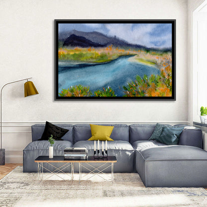 Misty Autumn River and Mountain Landscape Wall Art