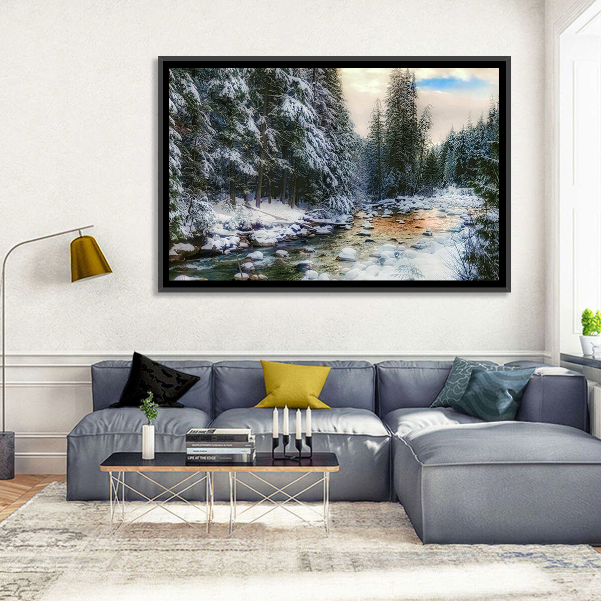 Winter Creek in Snowy Pines Wall Art in a room, landscape