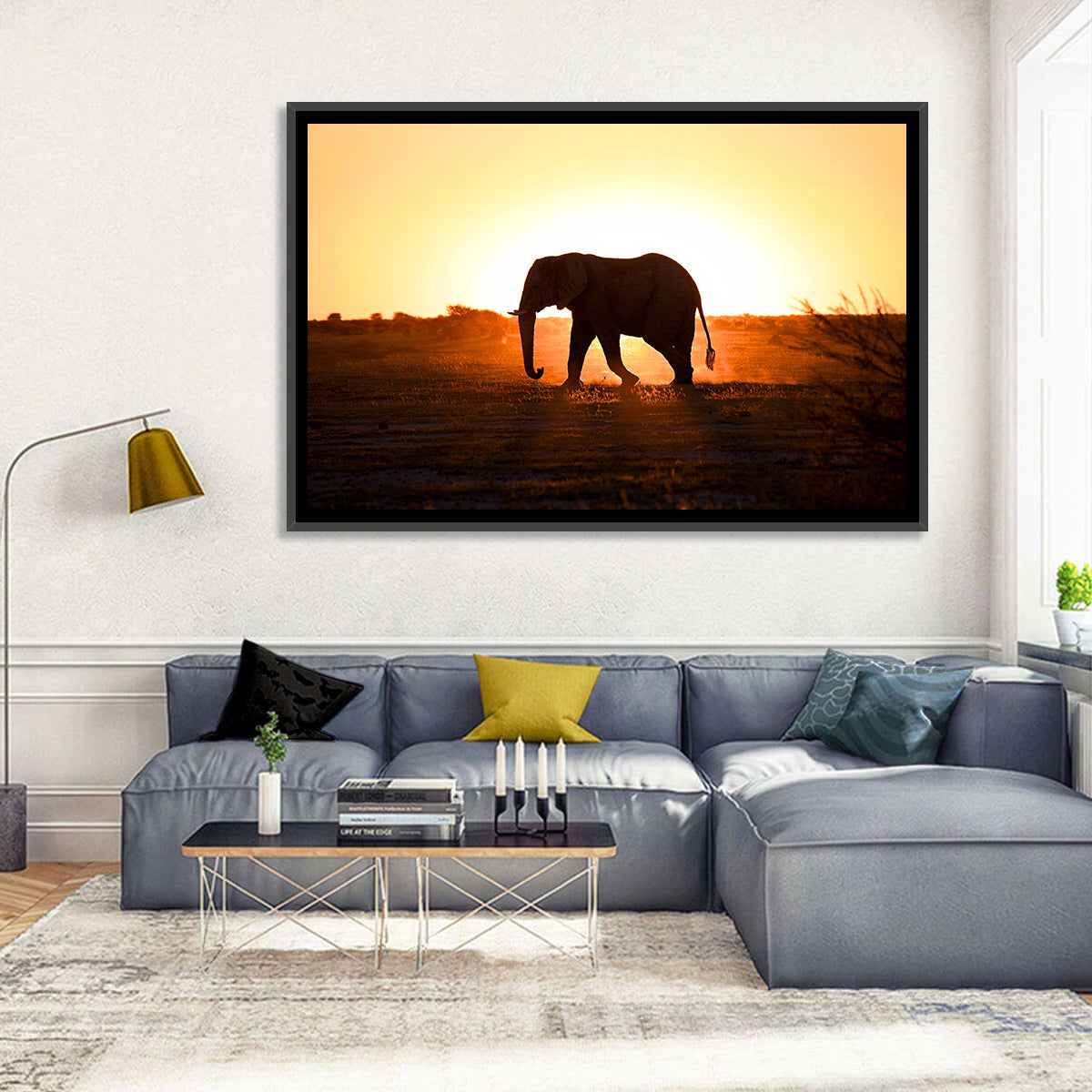 Golden Hour Elephant Silhouette Wall Art in a room, landscape