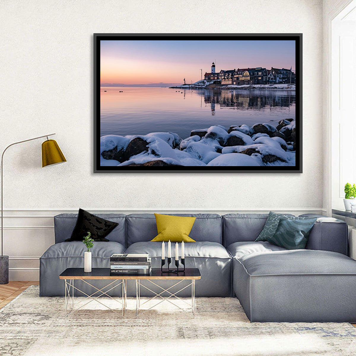 Urk Lighthouse Winter Twilight Harbor Wall Art in a room, landscape