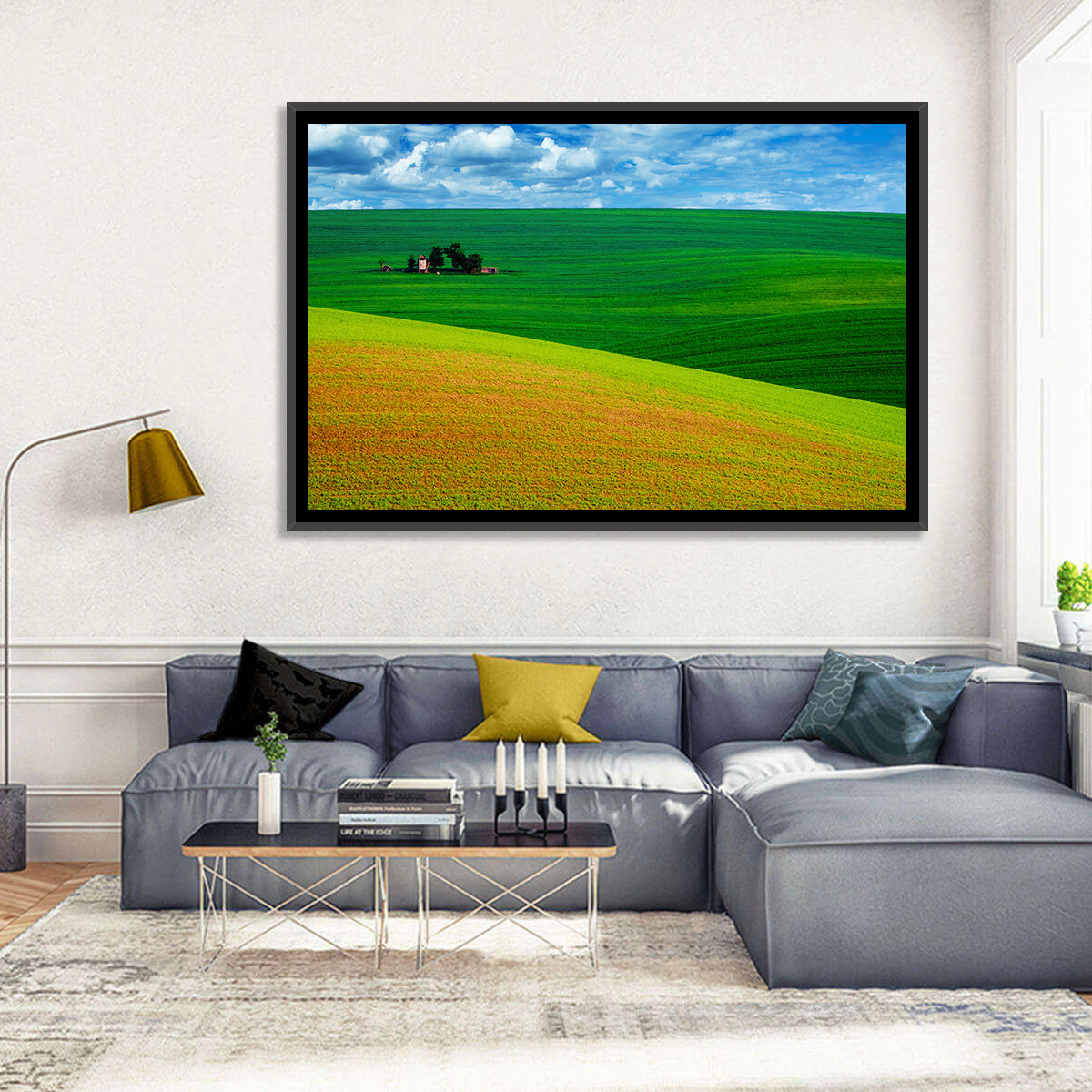 Golden Field and Green Hillside Wall Art in a room, landscape
