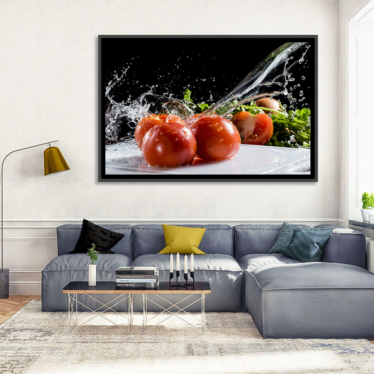 Tomatoes with Water Splash Wall Art in a room, landscape