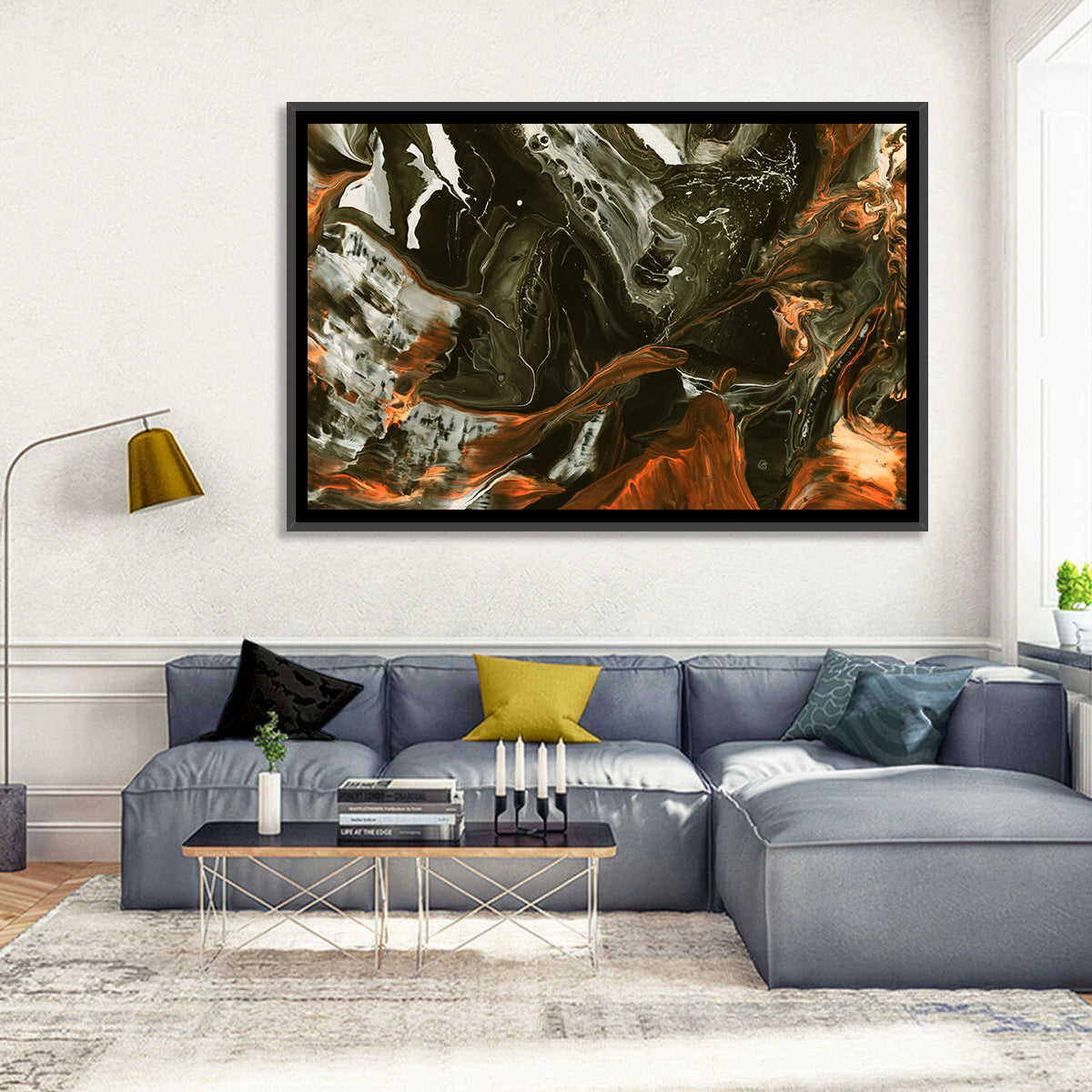 Volcanic Marble Swirl Wall Art in a room, landscape