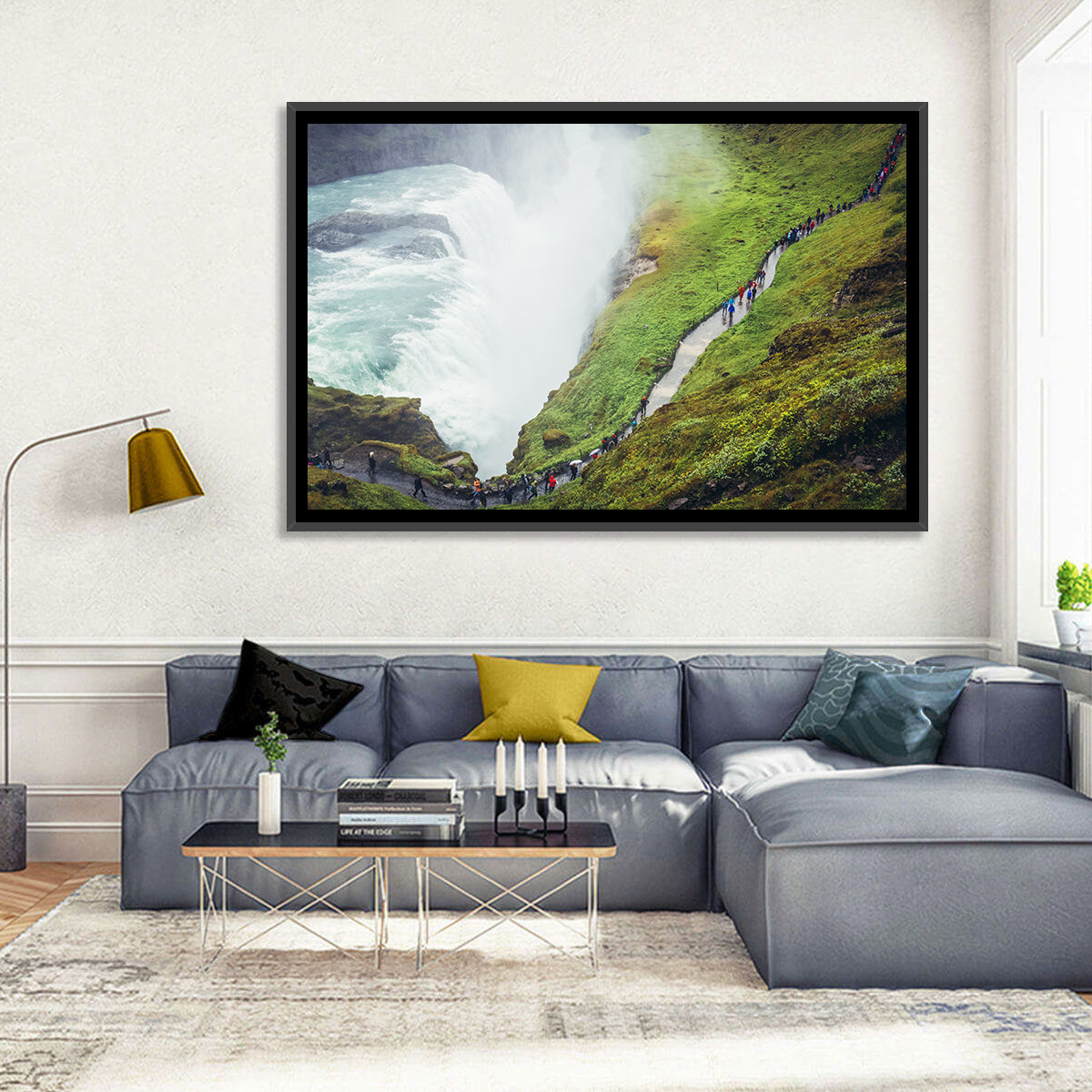 Misty Path at Gullfoss Waterfall Wall Art in a room, landscape