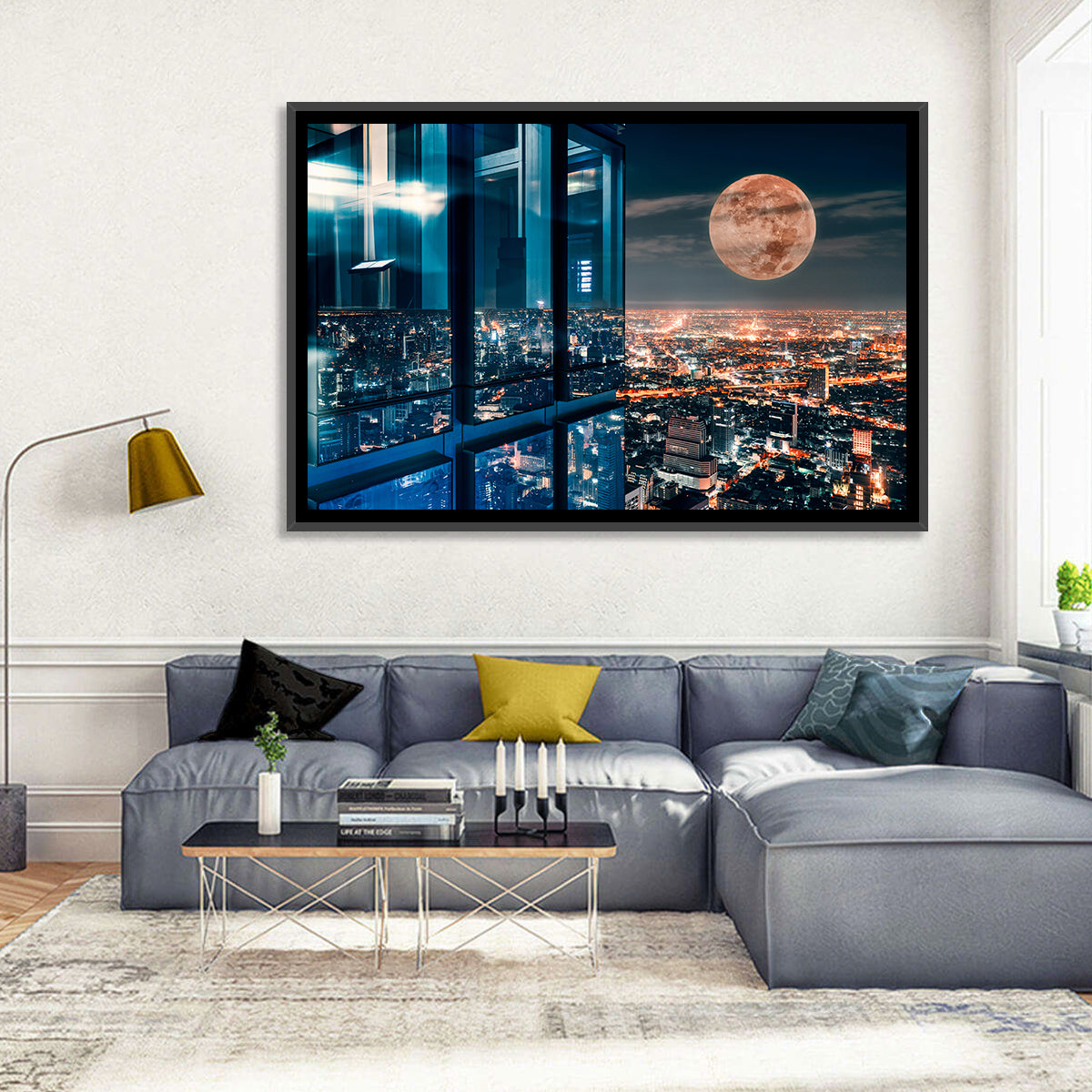 Bangkok Moonlit Skyline Wall Art in a room, landscape