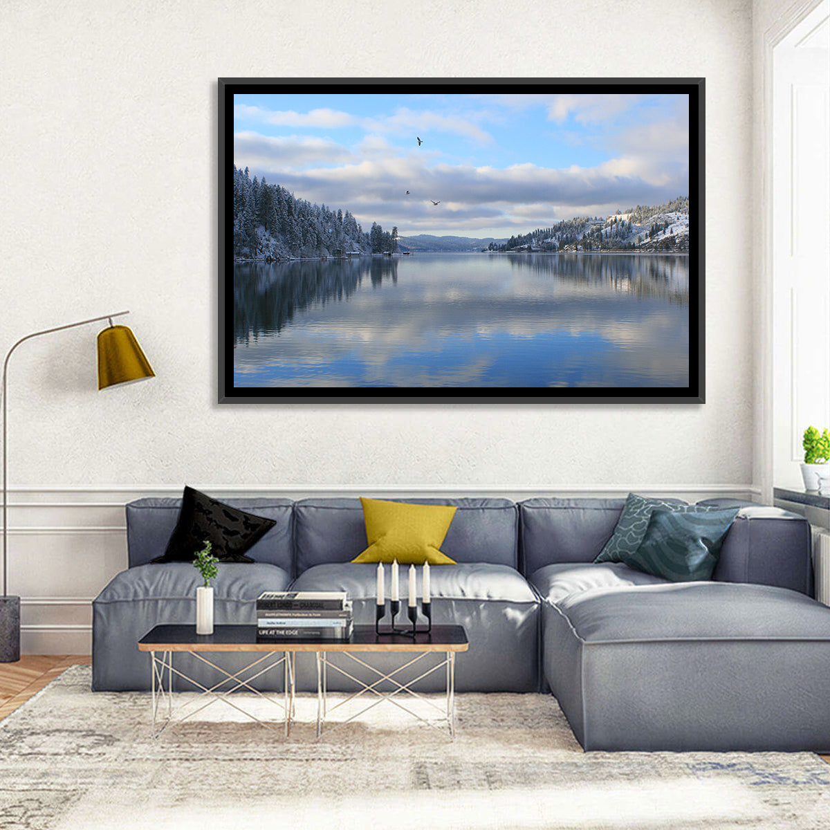 Coeur D Alene Winter Lake Reflection Wall Art in a room, landscape