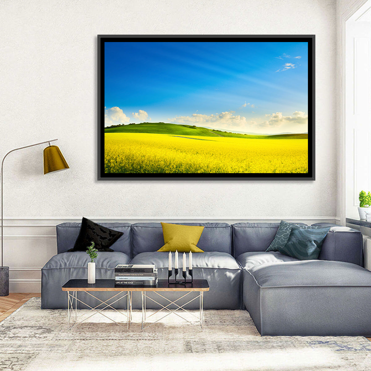 Rapeseed Field and Rolling Hills Under Blue Sky Wall Art in a room, landscape