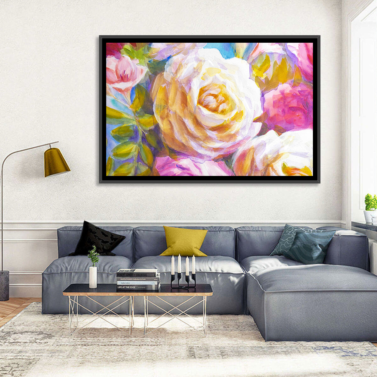 White and Gold Rose Bouquet Wall Art in a room, landscape
