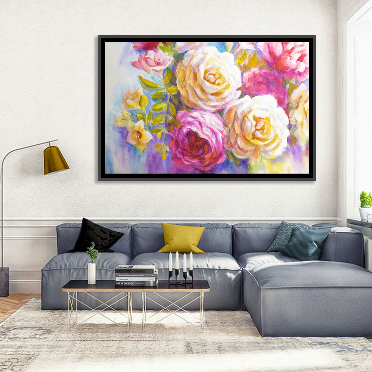 Layered Watercolor Rose Bouquet Wall Art in a room, landscape