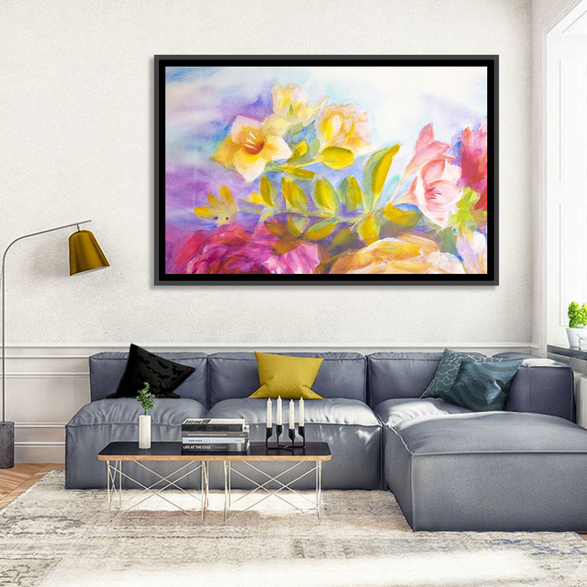 Pink and Yellow Watercolor Blossoms Wall Art in a room, landscape