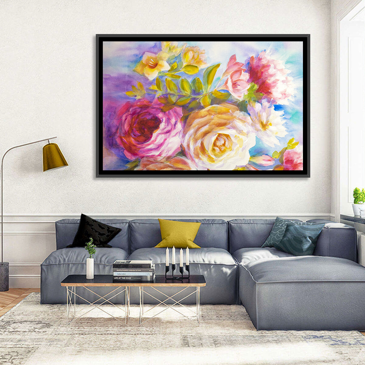 Painterly Peonies and Rose Bouquet Wall Art in a room, landscape