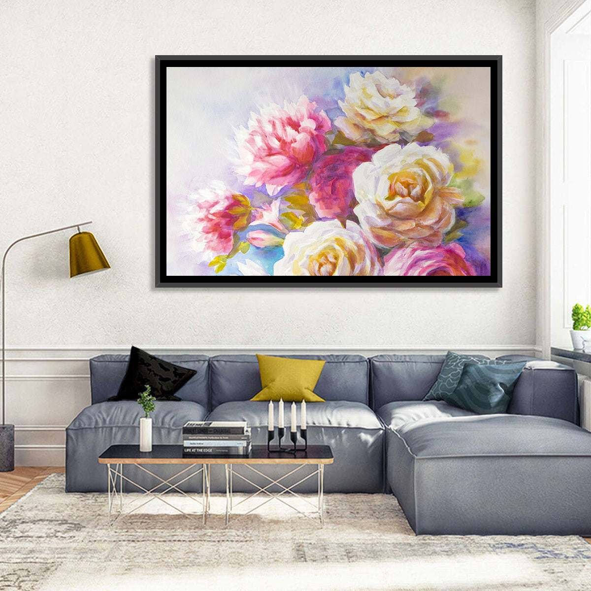 Watercolor Peony Bouquet Wall Art in a room, landscape