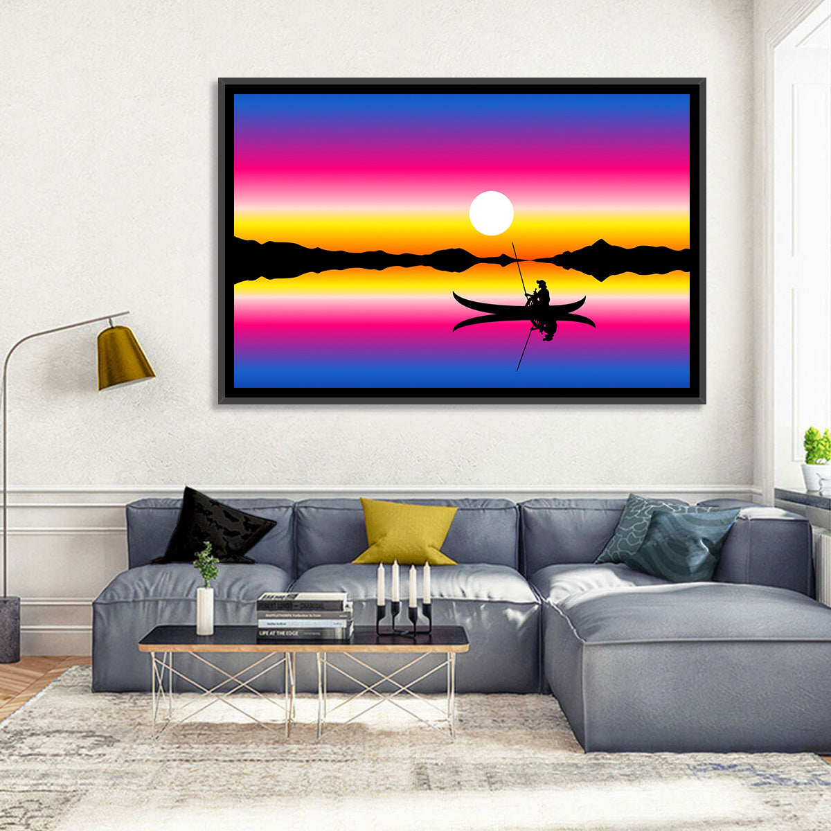 Fisherman Silhouette at Sunset Wall Art in a room, landscape