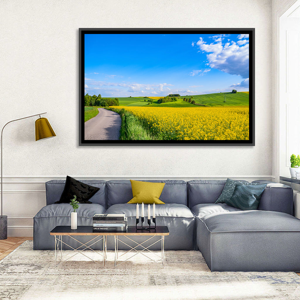 Rapeseed Field Road Under Blue Sky Wall Art
