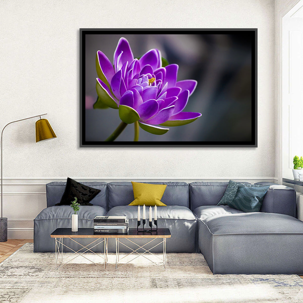 Purple Water Lily Close-up Wall Art in a room, landscape