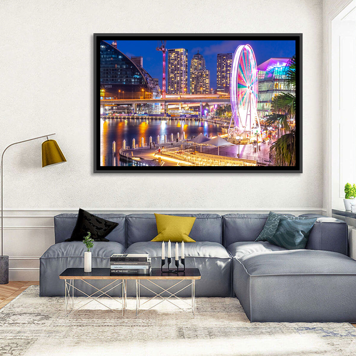 Darling Harbour Nightscape Wall Art in a room, landscape