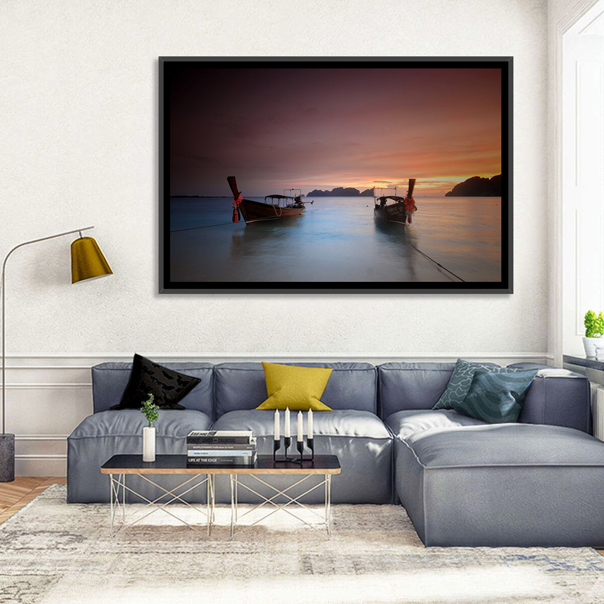 Phi Phi Longtail Boats at Golden Hour Wall Art in a room, landscape
