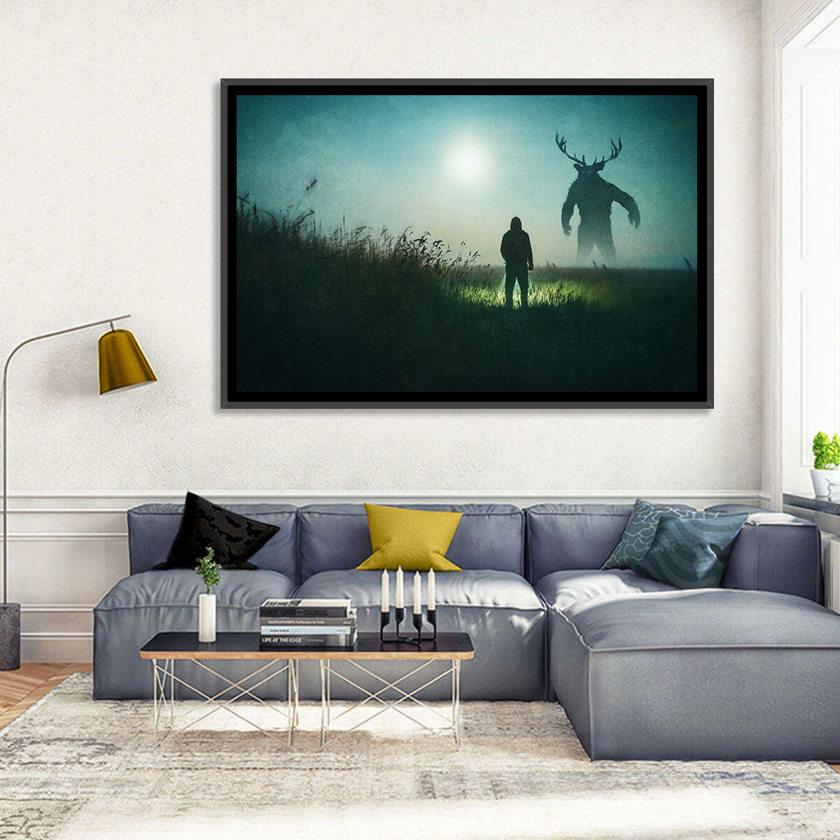 Antlered Shadow in Mist Wall Art in a room, landscape