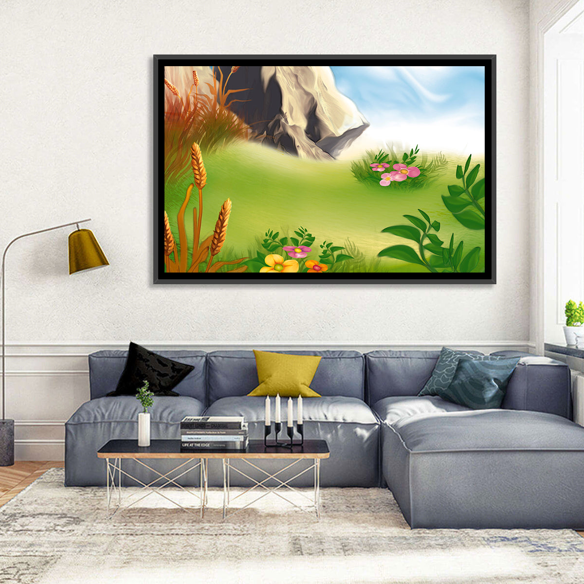 Sunny Mountain Meadow Illustration Wall Art in a room, landscape