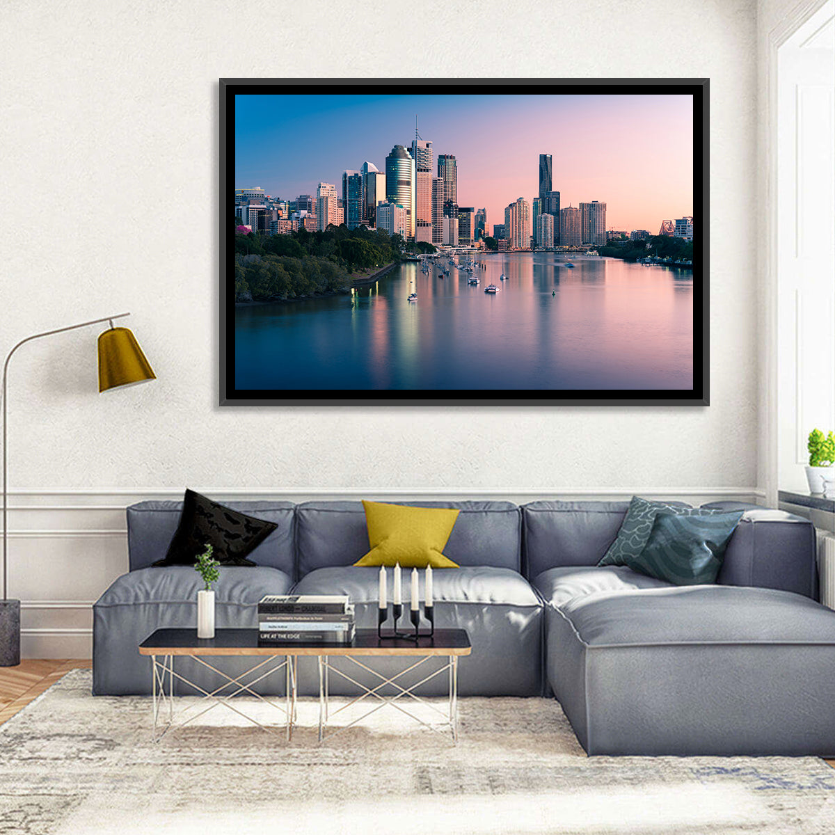Brisbane River Skyline at Dusk Wall Art in a room, landscape