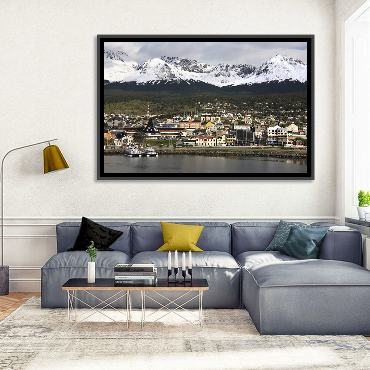 Ushuaia Harbor and Snowcapped Mountains Wall Art in a room, landscape