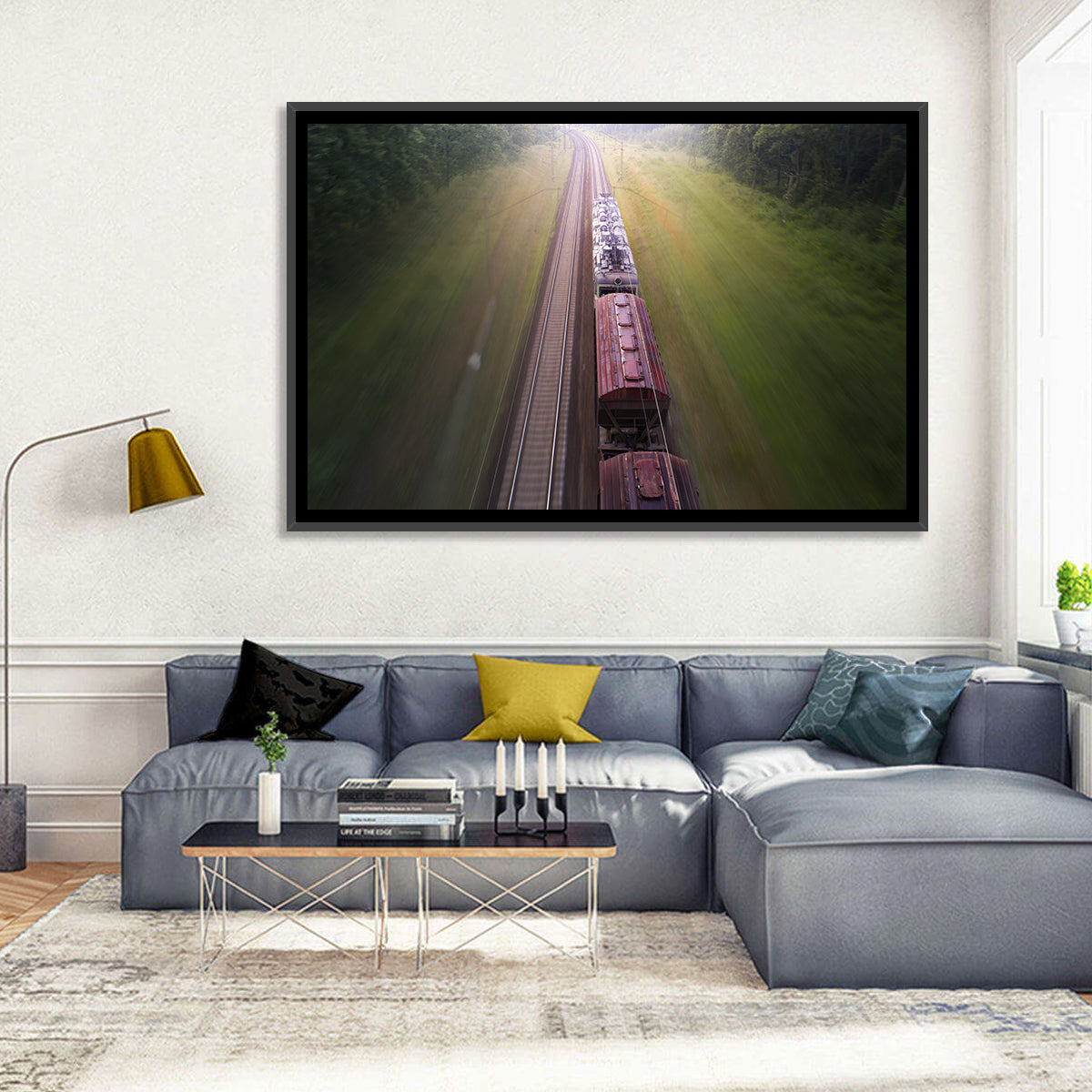 Freight Train Through Forest Wall Art in a room, landscape