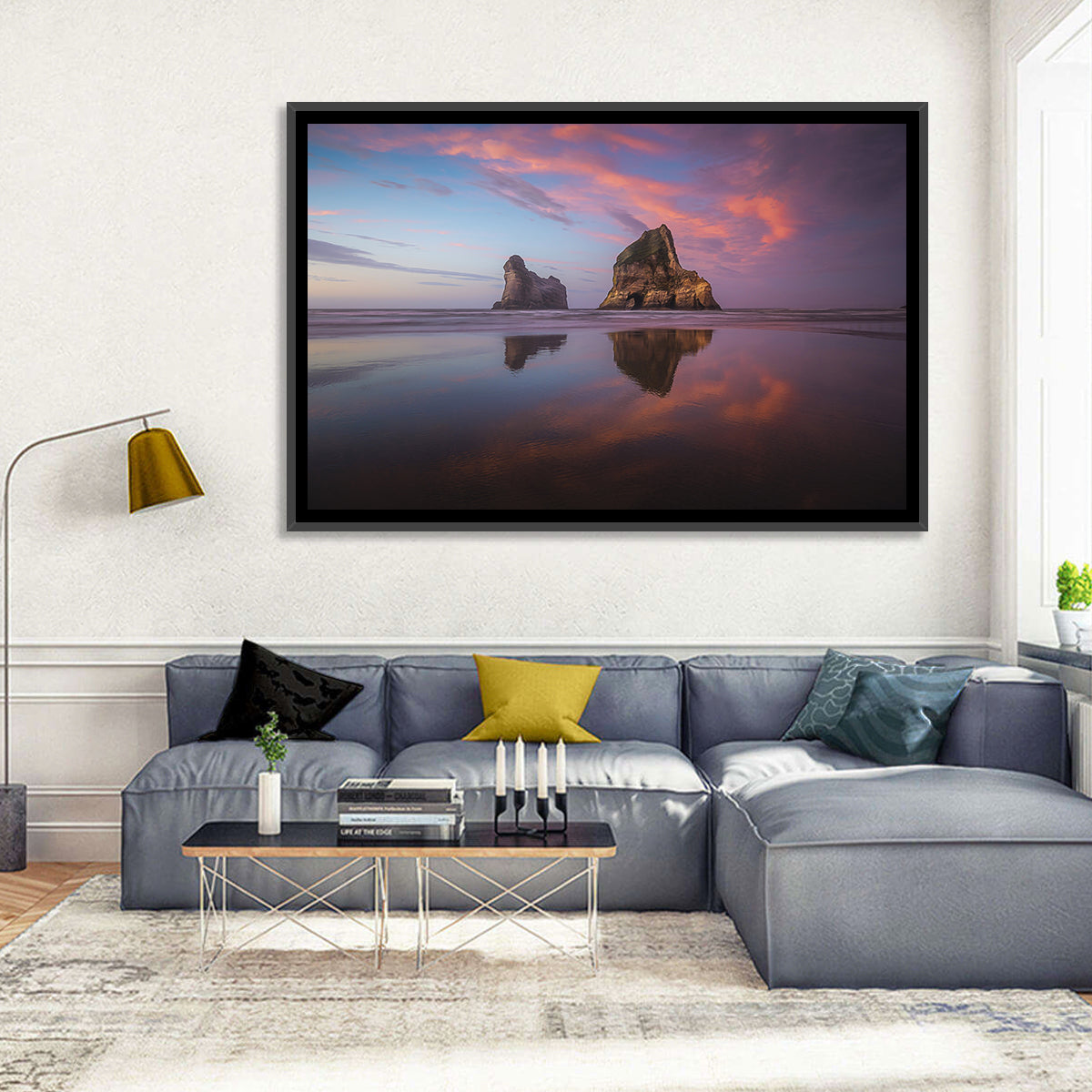 Wharariki Beach Sunrise Wall Art in a room, landscape