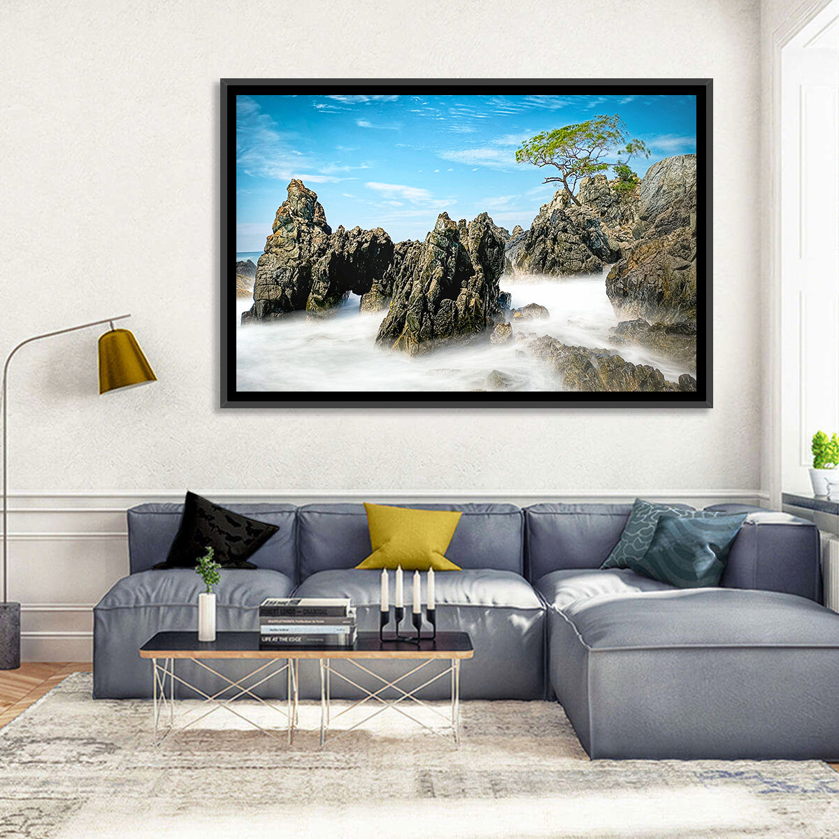 Karang Bebay Misty Shore Wall Art in a room, landscape
