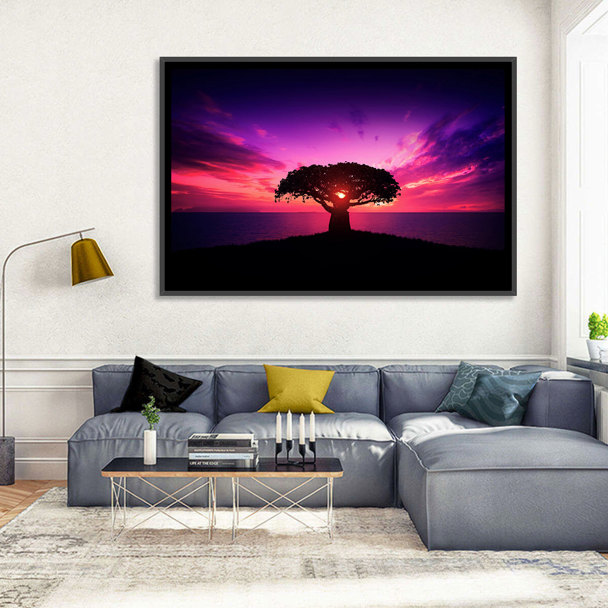 Baobab Sunset Silhouette Wall Art in a room, landscape