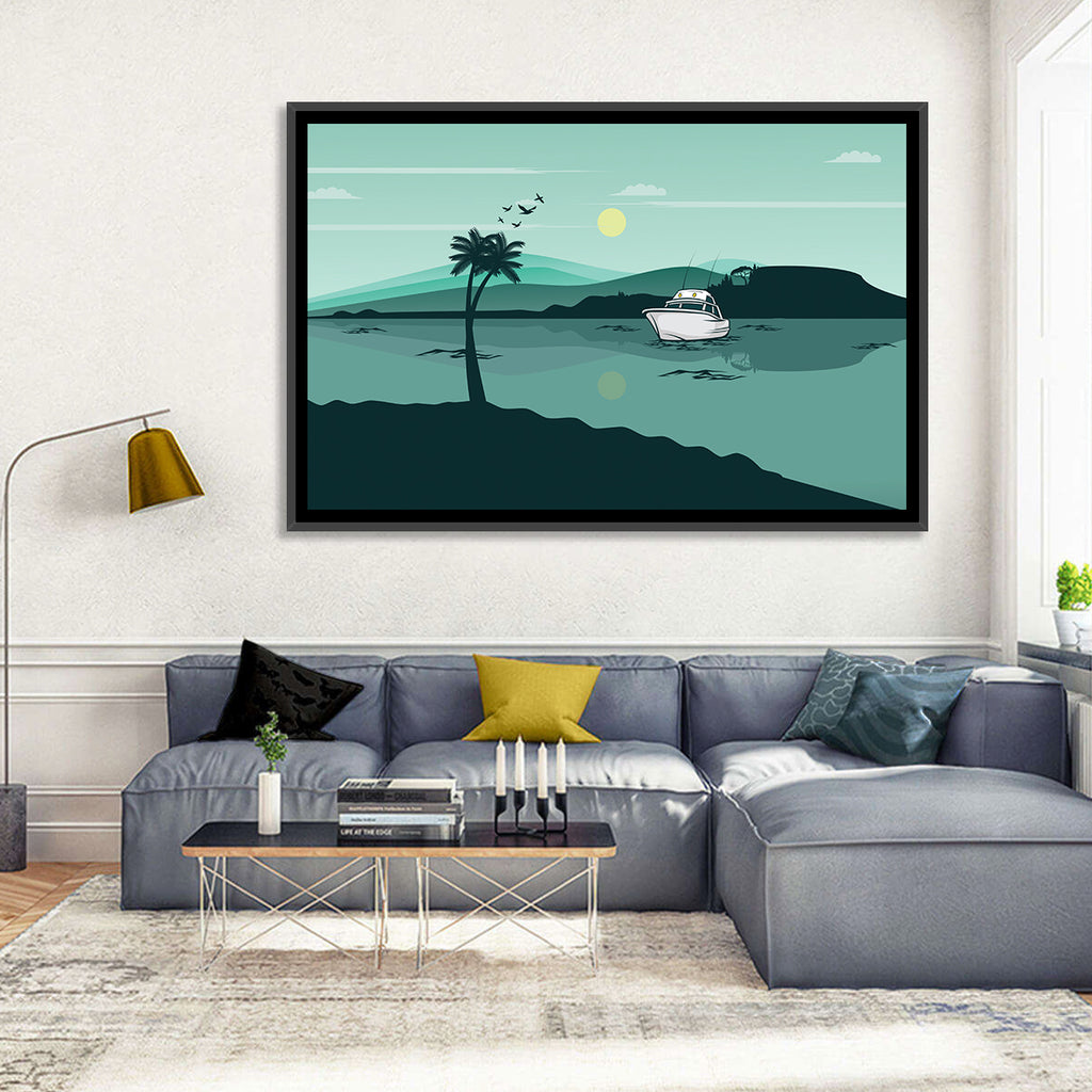 Teal Lake Boat with Palm Tree Wall Art