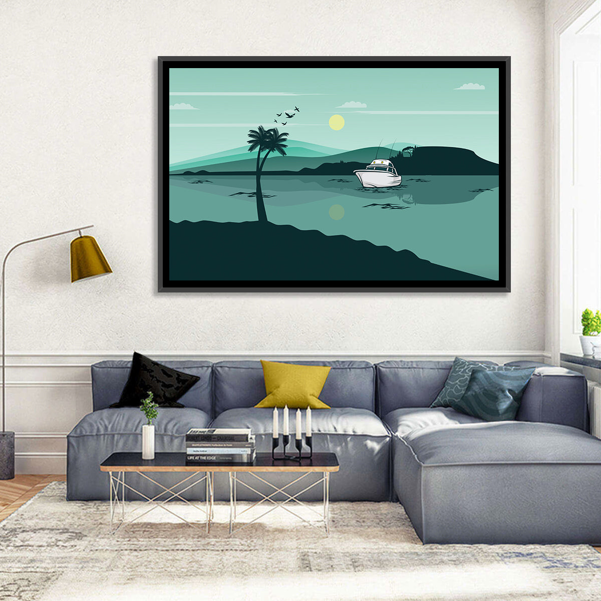 Teal Lake Boat with Palm Tree Wall Art in a room, landscape